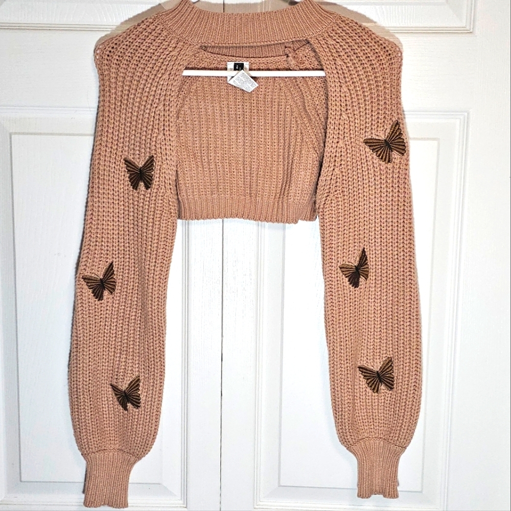 Pullover‎ Crop Top Collar Sweater Butterfly Cable-Knit Embroidered 6 Brown Sexy